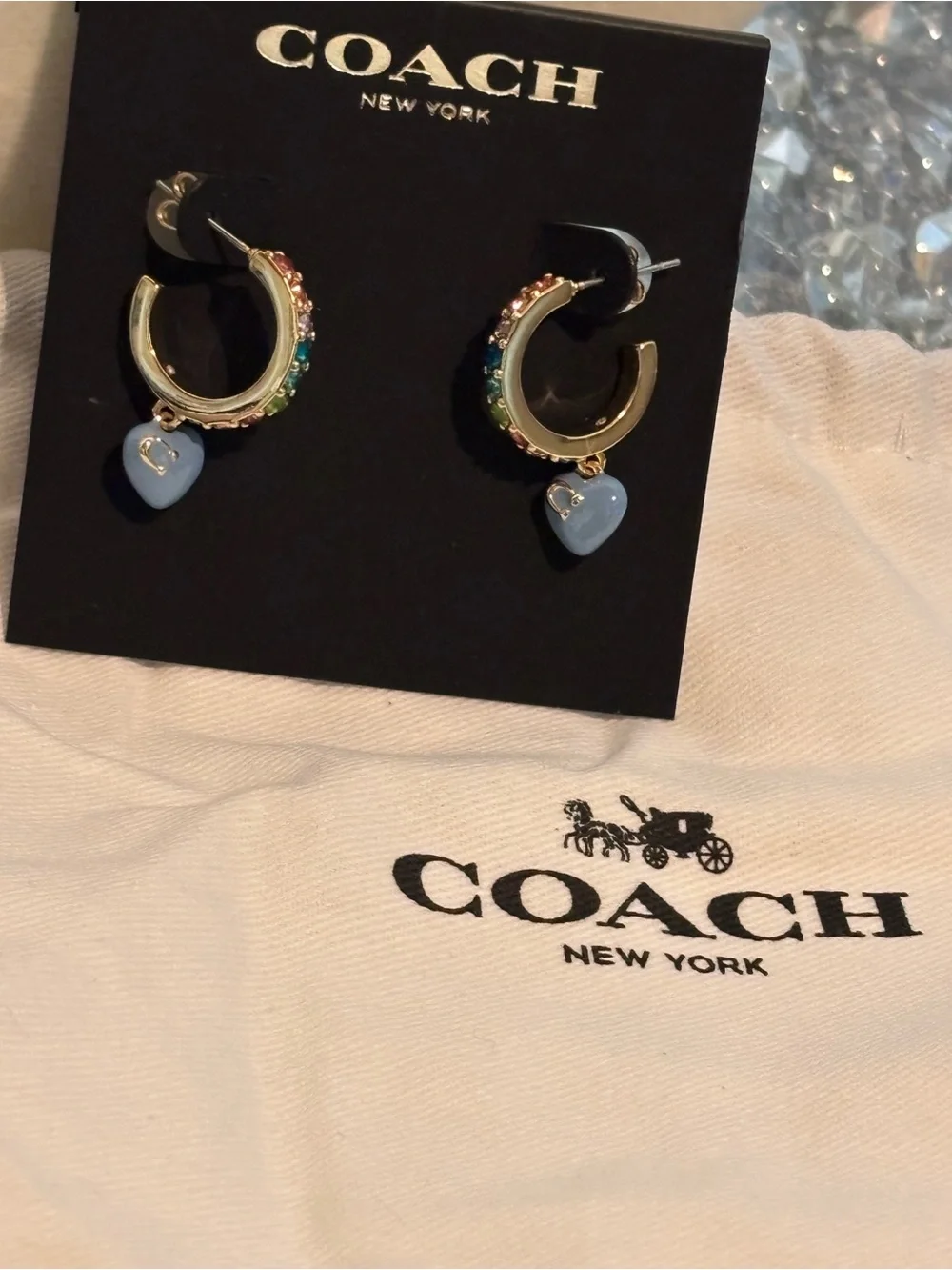NWT Coach Rainbow Pavé Heart Charm Huggie Hoop Earrings Blue Gold
